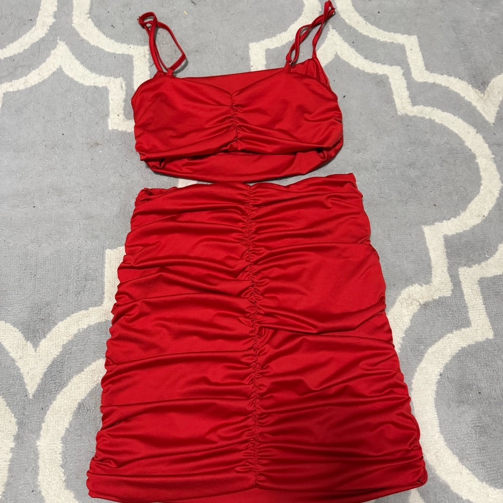 Red Ruched Skirt Set